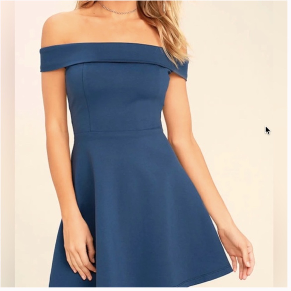 Lulus Fit And Flare Dress Off Shoulder Blue Sz S NWOT